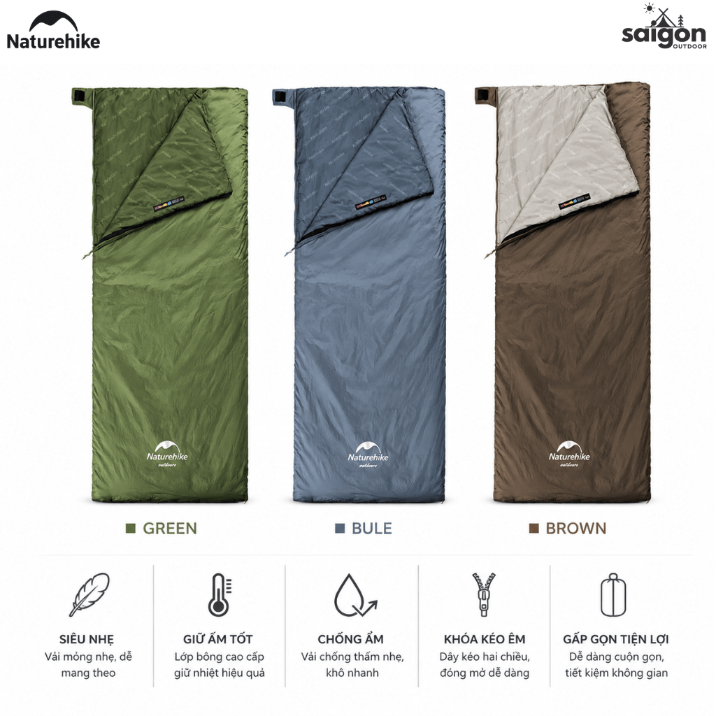 Túi Ngủ Naturehike LW180 NH21MSD09 Siêu Nhẹ – Túi Ngủ Camping 1 Người, Gấp Gọn, Giữ Ấm 15°C