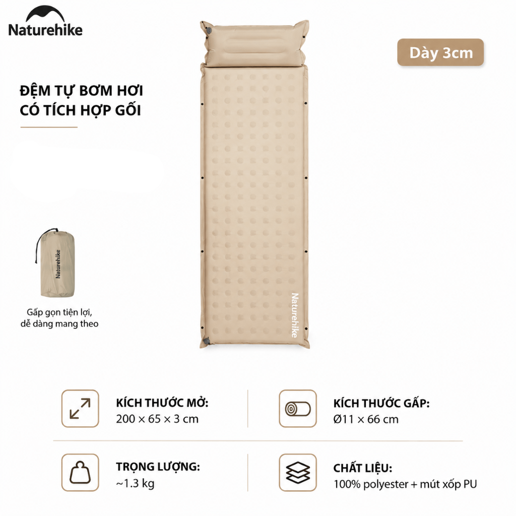 Đệm Hơi Tự Bơm Naturehike CNK2550WS025 Dày 3-6cm – Đệm Camping Gấp Gọn 1-2 Người, Nối Đệm, Van 2in1