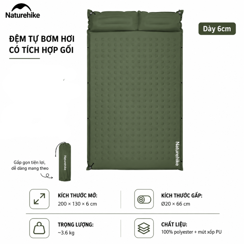 Đệm Hơi Tự Bơm Naturehike CNK2550WS025 Dày 3-6cm – Đệm Camping Gấp Gọn 1-2 Người, Nối Đệm, Van 2in1