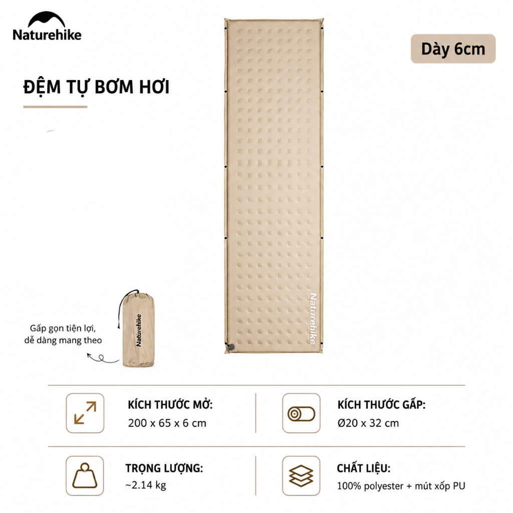 Đệm Hơi Tự Bơm Naturehike CNK2550WS025 Dày 3-6cm – Đệm Camping Gấp Gọn 1-2 Người, Nối Đệm, Van 2in1