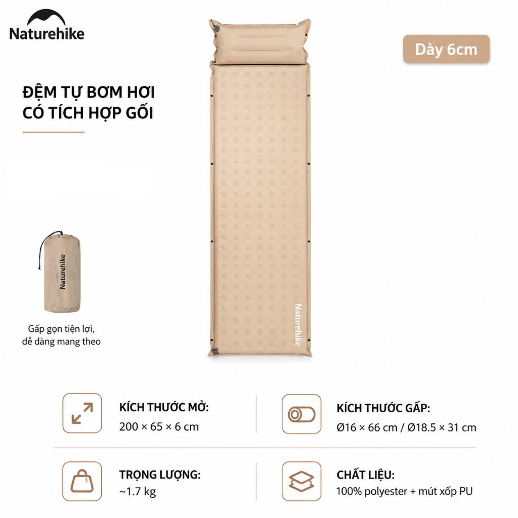 Đệm Hơi Tự Bơm Naturehike CNK2550WS025 Dày 3-6cm – Đệm Camping Gấp Gọn 1-2 Người, Nối Đệm, Van 2in1