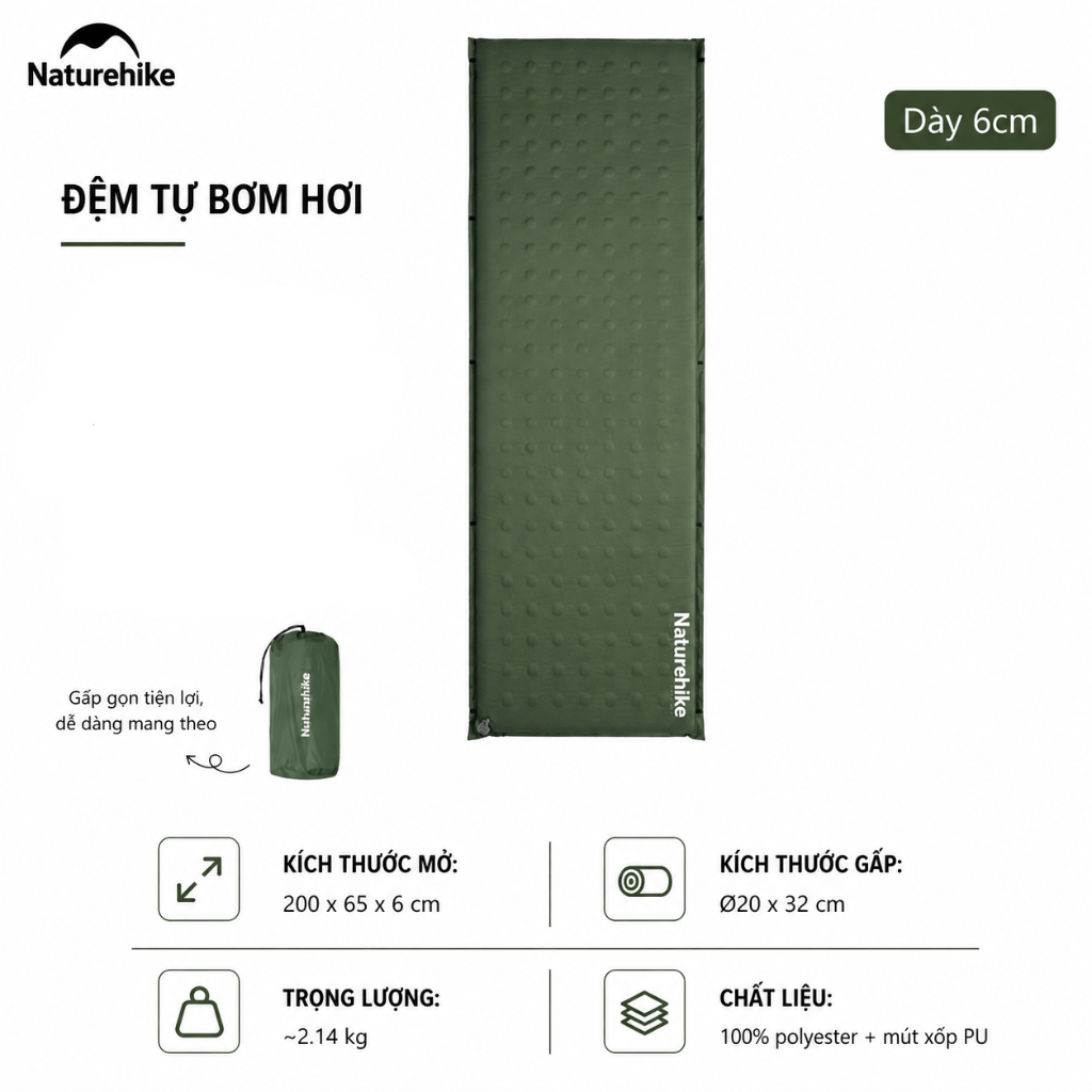 Đệm Hơi Tự Bơm Naturehike CNK2550WS025 Dày 3-6cm – Đệm Camping Gấp Gọn 1-2 Người, Nối Đệm, Van 2in1
