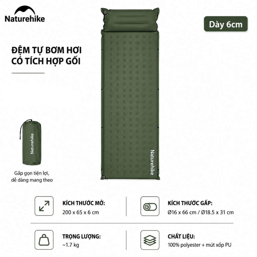 Đệm Hơi Tự Bơm Naturehike CNK2550WS025 Dày 3-6cm – Đệm Camping Gấp Gọn 1-2 Người, Nối Đệm, Van 2in1