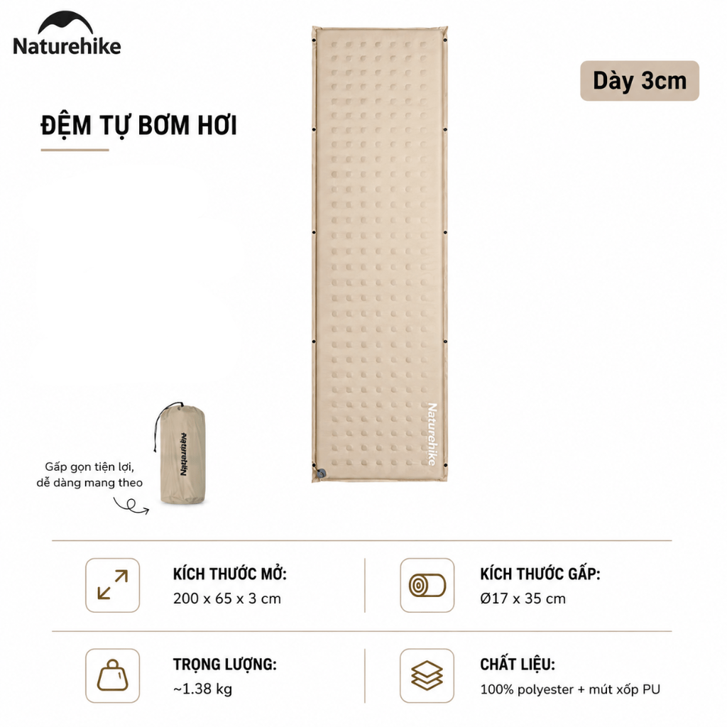 Đệm Hơi Tự Bơm Naturehike CNK2550WS025 Dày 3-6cm – Đệm Camping Gấp Gọn 1-2 Người, Nối Đệm, Van 2in1