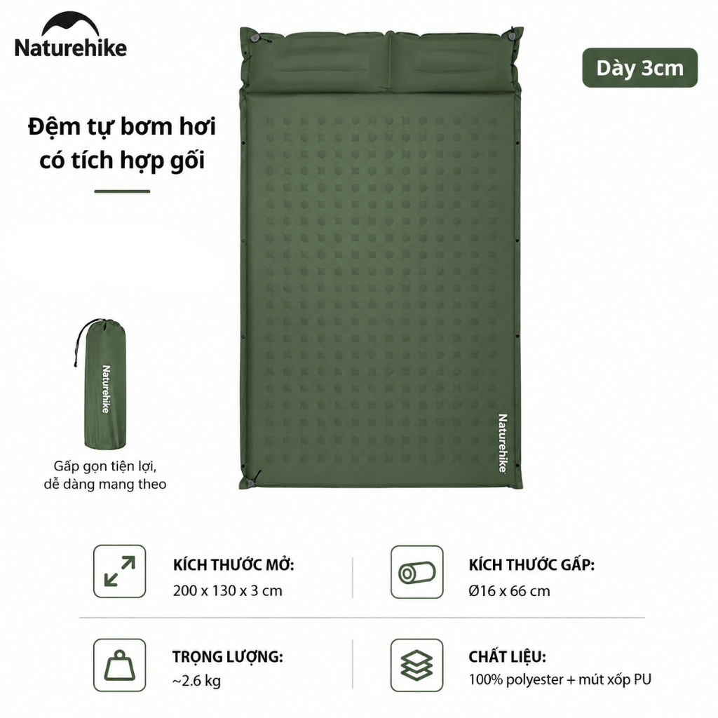 Đệm Hơi Tự Bơm Naturehike CNK2550WS025 Dày 3-6cm – Đệm Camping Gấp Gọn 1-2 Người, Nối Đệm, Van 2in1