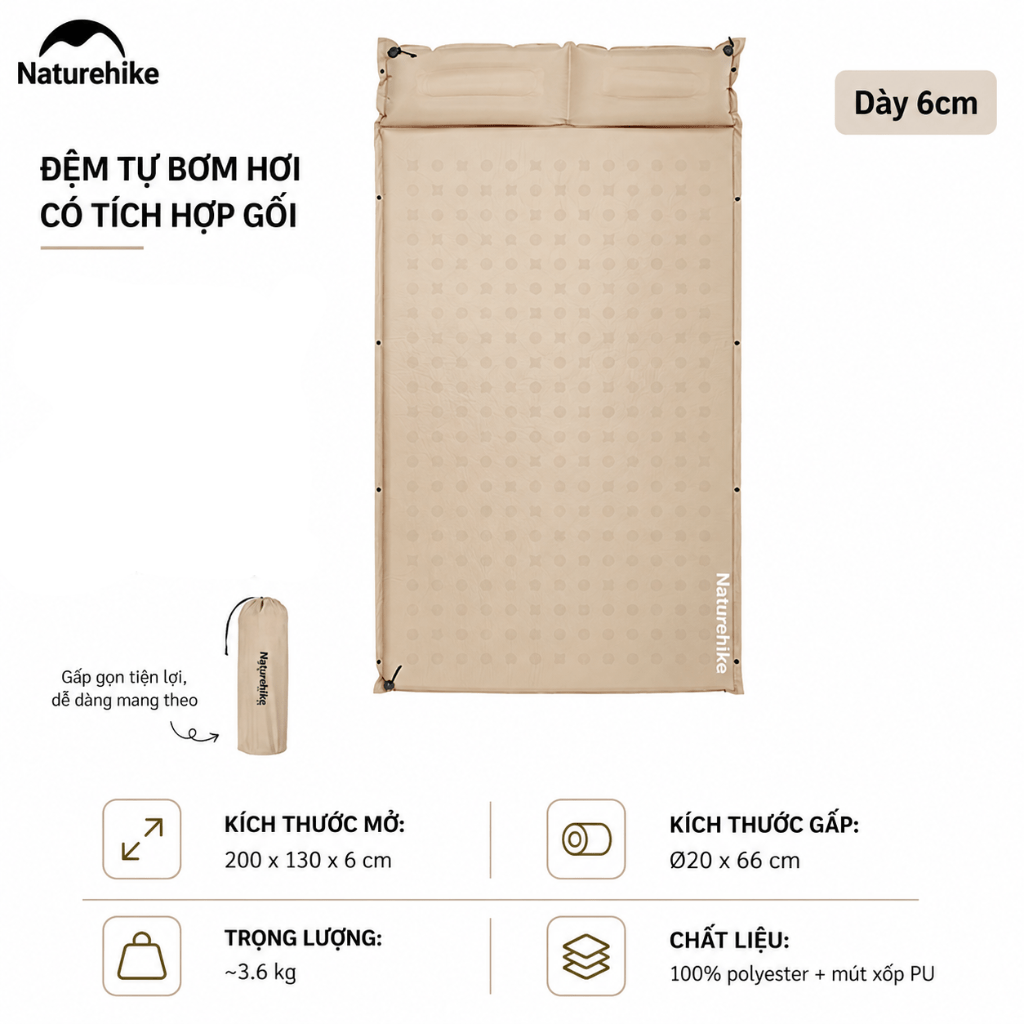 Đệm Hơi Tự Bơm Naturehike CNK2550WS025 Dày 3-6cm – Đệm Camping Gấp Gọn 1-2 Người, Nối Đệm, Van 2in1