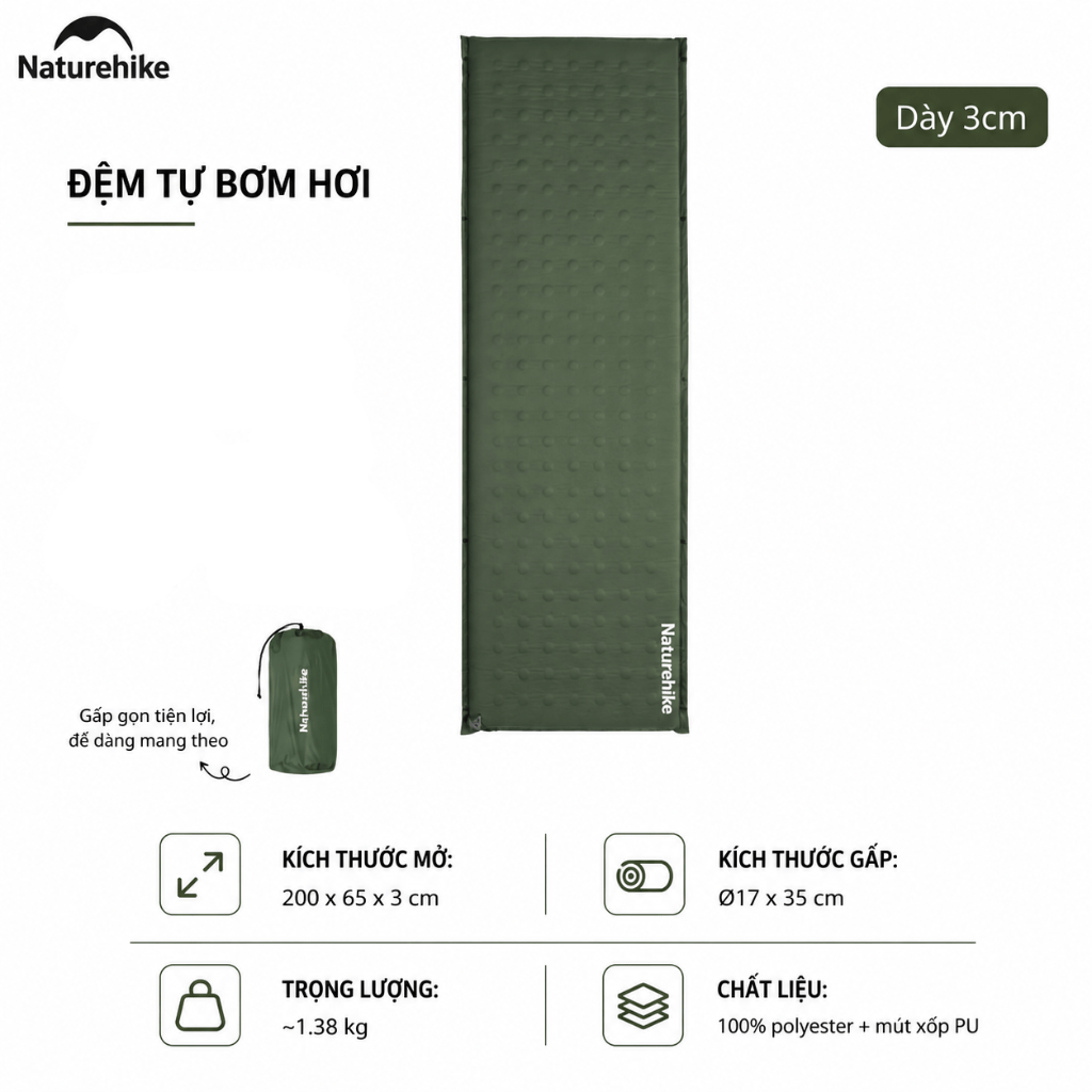 Đệm Hơi Tự Bơm Naturehike CNK2550WS025 Dày 3-6cm – Đệm Camping Gấp Gọn 1-2 Người, Nối Đệm, Van 2in1