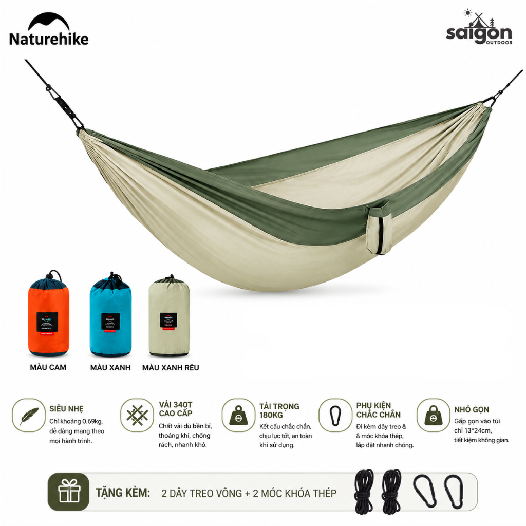 Võng Dã Ngoại Naturehike NH21DC011 Siêu Nhẹ Võng Camping Gấp Gọn, Chịu Tải 200kg, Đi Phượt/Trekking