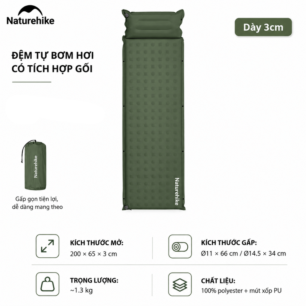 Đệm Hơi Tự Bơm Naturehike CNK2550WS025 Dày 3-6cm – Đệm Camping Gấp Gọn 1-2 Người, Nối Đệm, Van 2in1