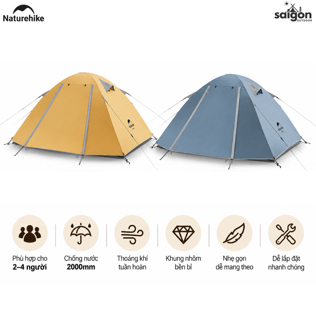 Lều Cắm Trại 2 -3 Người Naturehike NH18Z022-P – Lều 210T Chống Nước 3000mm, Siêu Nhẹ, Trekking/Camping