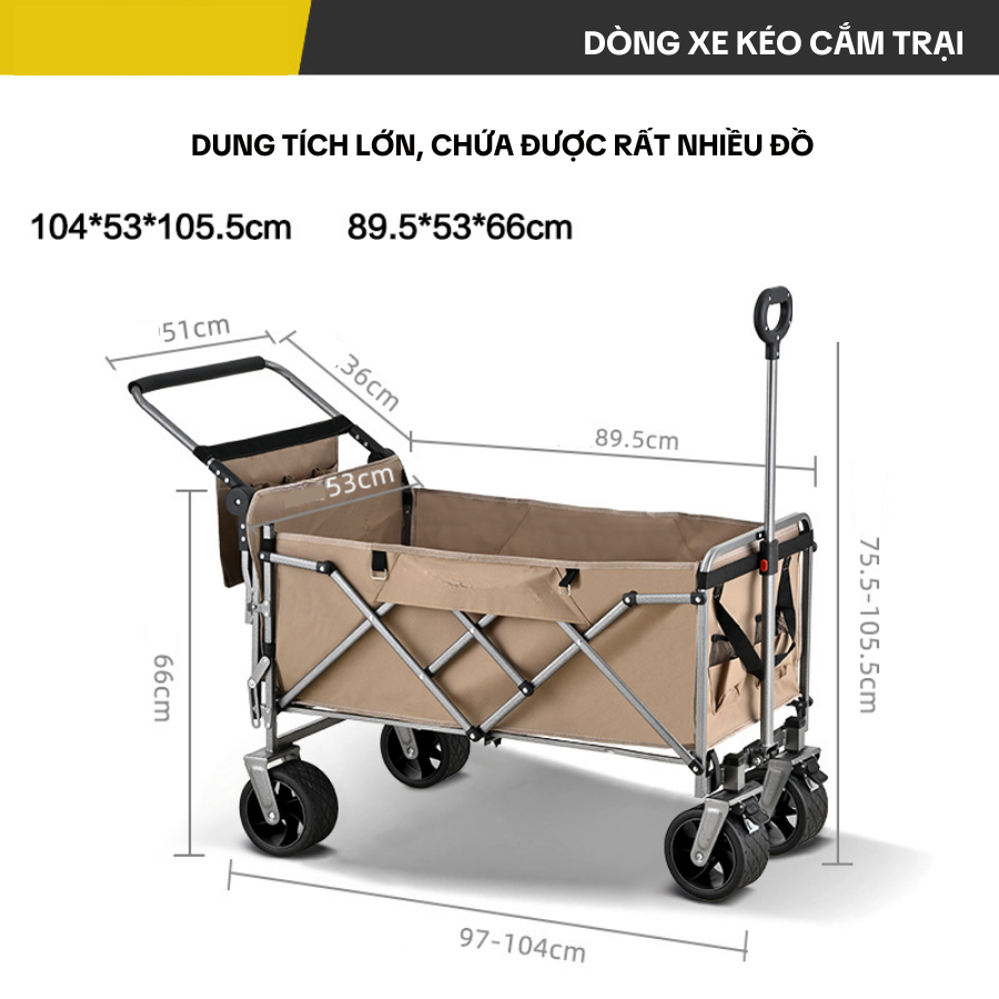 Xe Kéo Cắm Trại Gấp Gọn Đa Năng 4 Bánh Có Tay Đẩy – Xe Chở Đồ Du Lịch, Đi Chợ, Picnic Tải Trọng Lớn