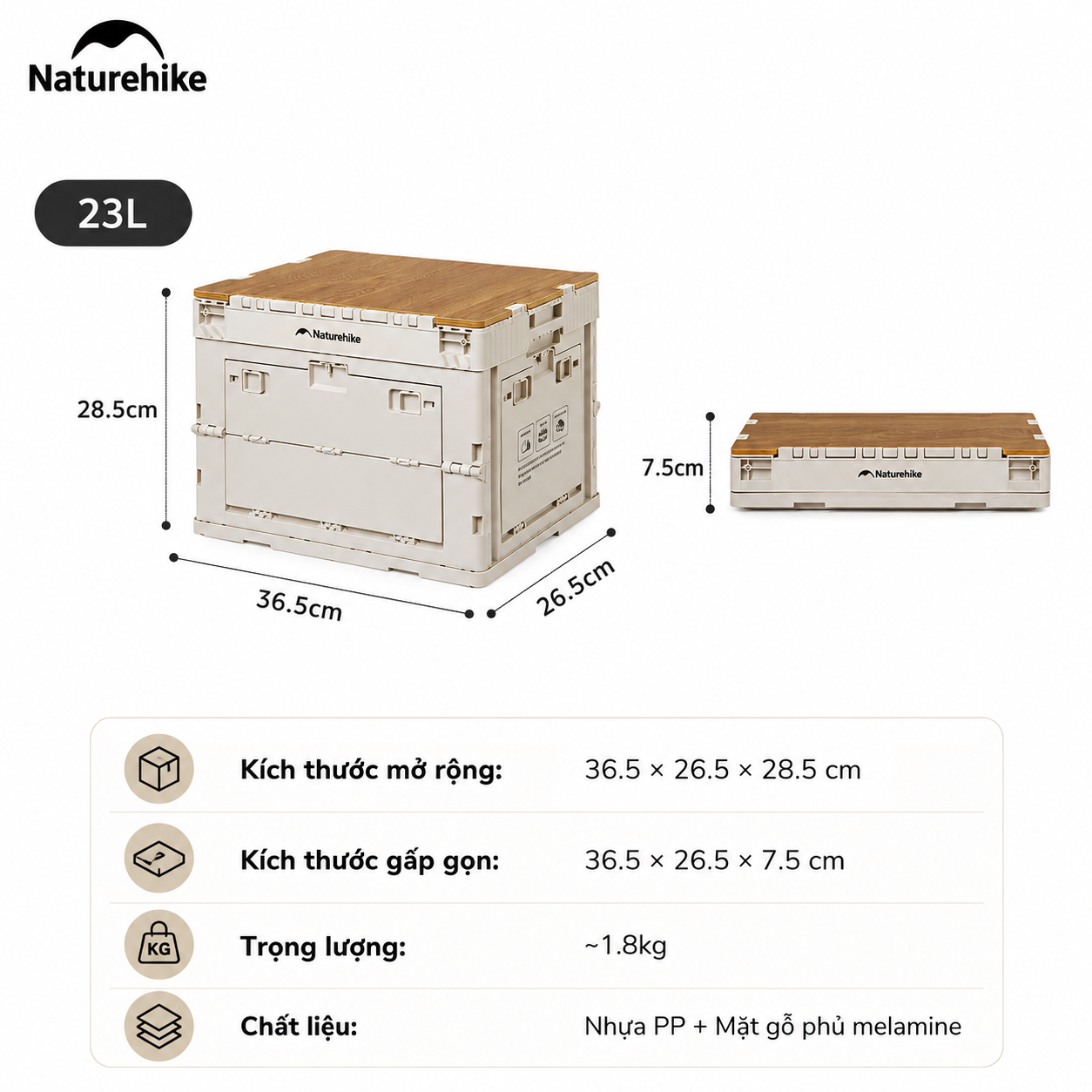 Thùng nhựa đựng đồ cắm trại xếp gọn kèm mặt giả gỗ NatureHike CNK2450XB020