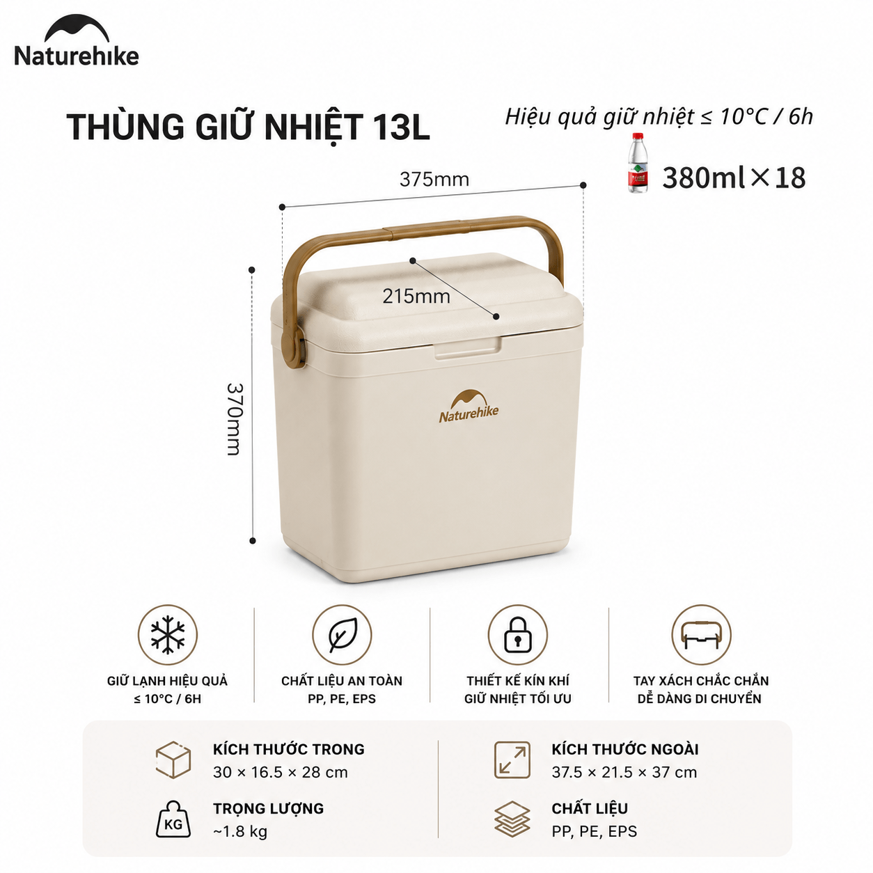 Thùng Đá Giữ Nhiệt Naturehike CNK2300BS011 9L–33L Cooler Camping Giữ Lạnh 24H, Nhựa PP, Dã Ngoại/BBQ