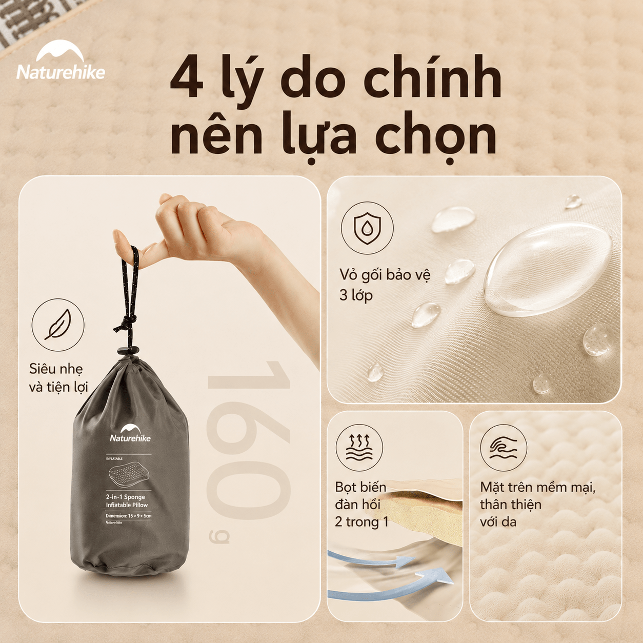 Gối Du Lịch Tự Bơm Hơi Naturehike CNK2300DZ024 – Gối Hơi 2in1 Siêu Nhẹ, Gấp Gọn Camping/Trekking
