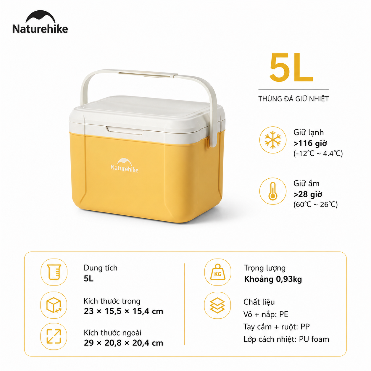 Thùng Đá Mini Naturehike Glamping Ice Cooler CNK2450CF012 18L – Giữ Lạnh 48H, Nhựa PP/PE Cao Cấp