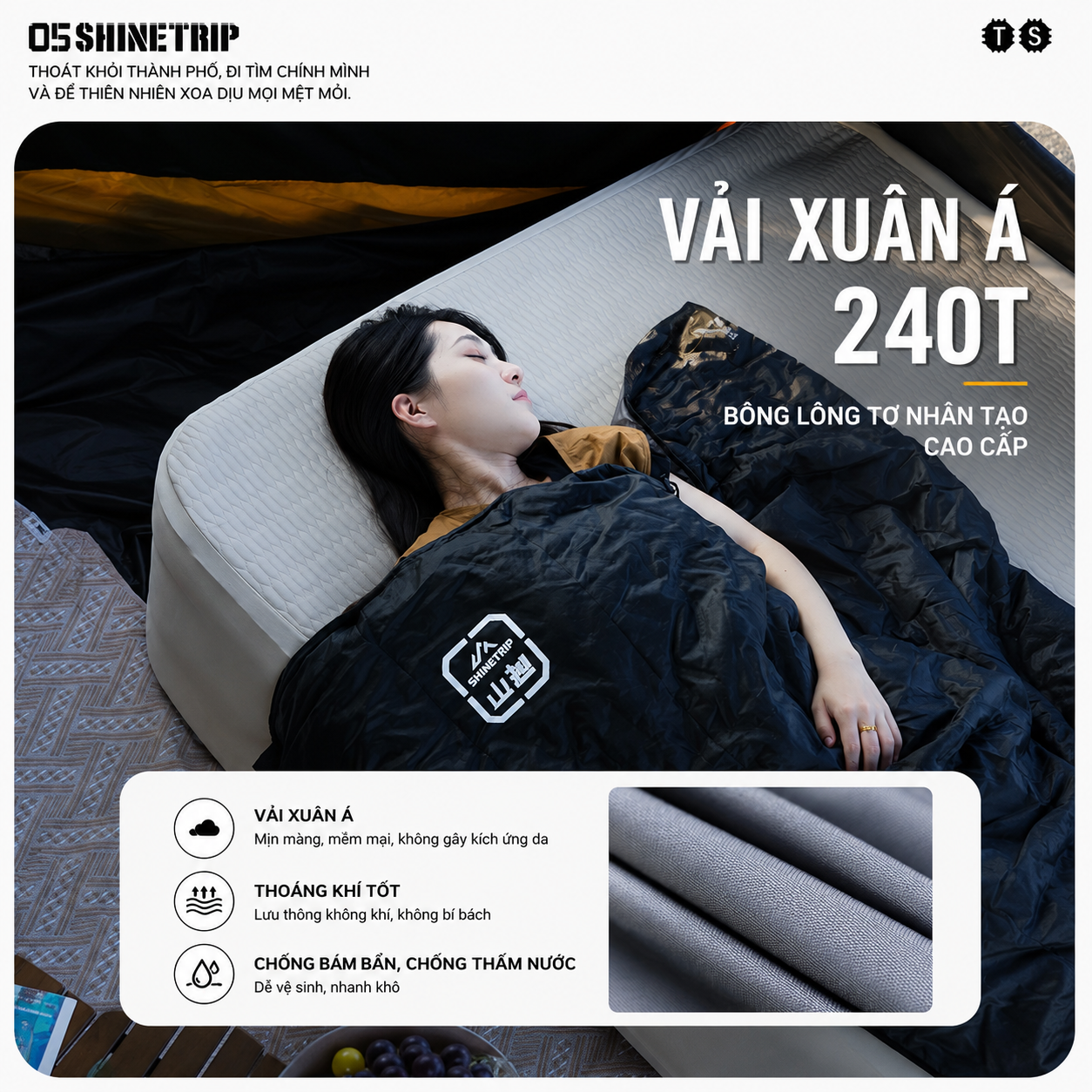 Túi Ngủ ShineTrip, thiết kế Rộng, Ấm Áp Dùng Cho Cắm Trại Ngoài Trời - Saigon Outdoor