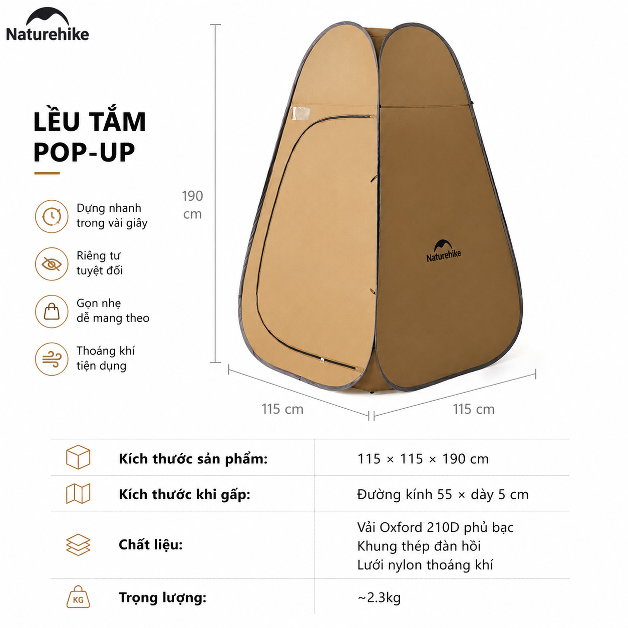 Lều Tắm Thay Đồ Naturehike NH17Z002-P – Lều Vệ Sinh Di Động, Chống Nước 2000mm, Dã Ngoại/Cắm Trại