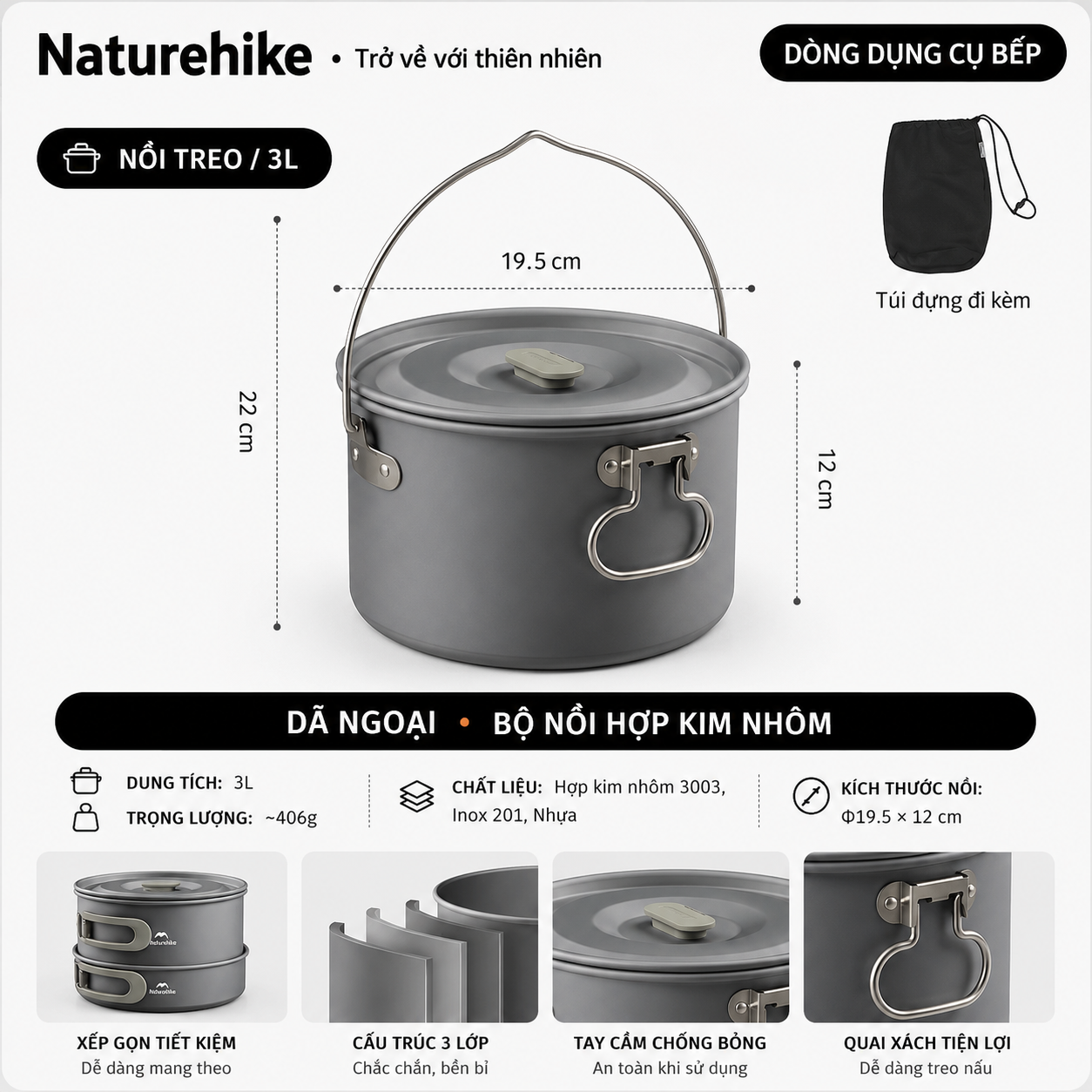 Bộ Nồi Dã Ngoại Naturehike CNK2450CF010 Nhôm 3 Lớp – Bộ Nấu Ăn Camping Gọn Nhẹ, Leo Núi, Cắm Trại