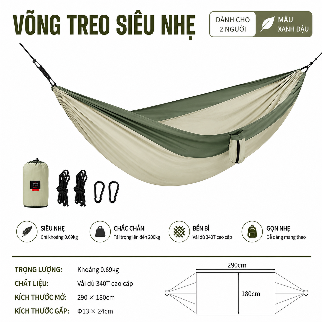 Võng Dã Ngoại Naturehike NH21DC011 Siêu Nhẹ Võng Camping Gấp Gọn, Chịu Tải 200kg, Đi Phượt/Trekking