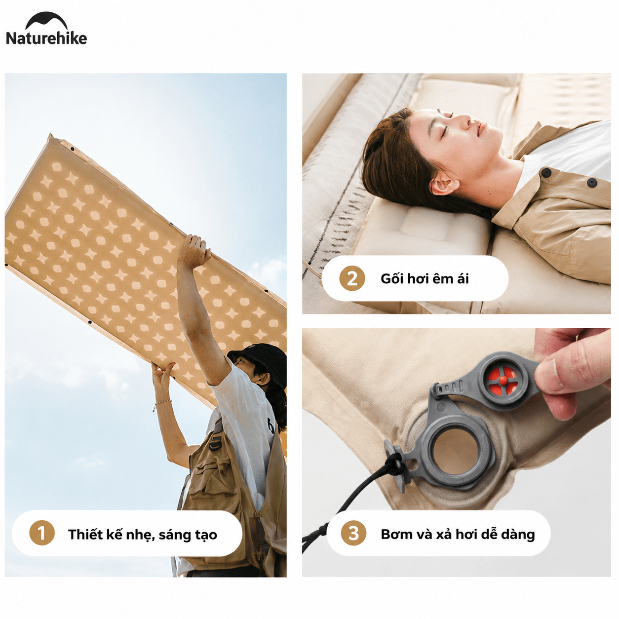 Đệm Hơi Tự Bơm Naturehike CNK2550WS025 Dày 3-6cm – Đệm Camping Gấp Gọn 1-2 Người, Nối Đệm, Van 2in1