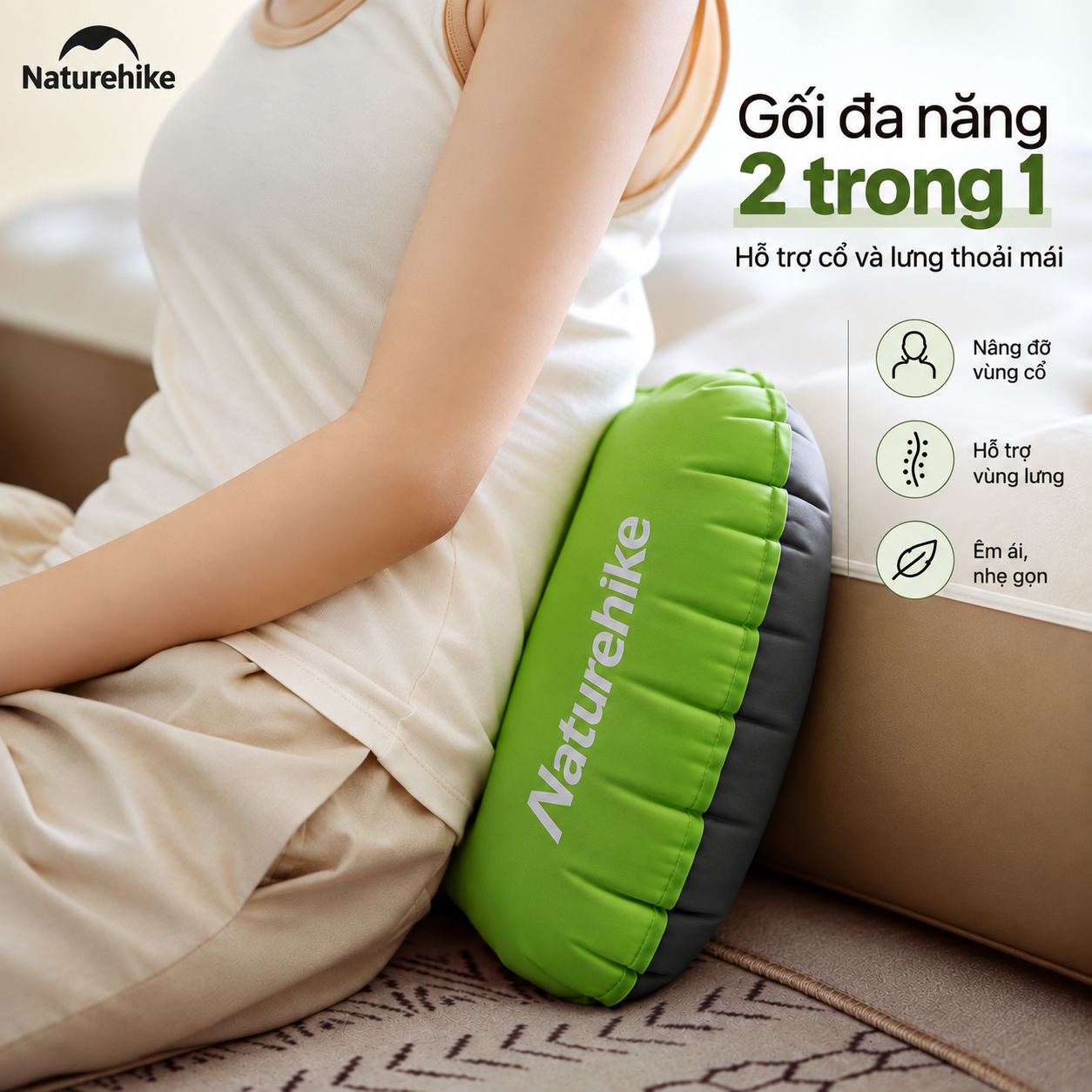Gối Hơi Du Lịch Naturehike – Gối Thổi Hơi Siêu Nhẹ, Kê Cổ/Tựa Lưng, Gấp Gọn 85g NH17T013-Z