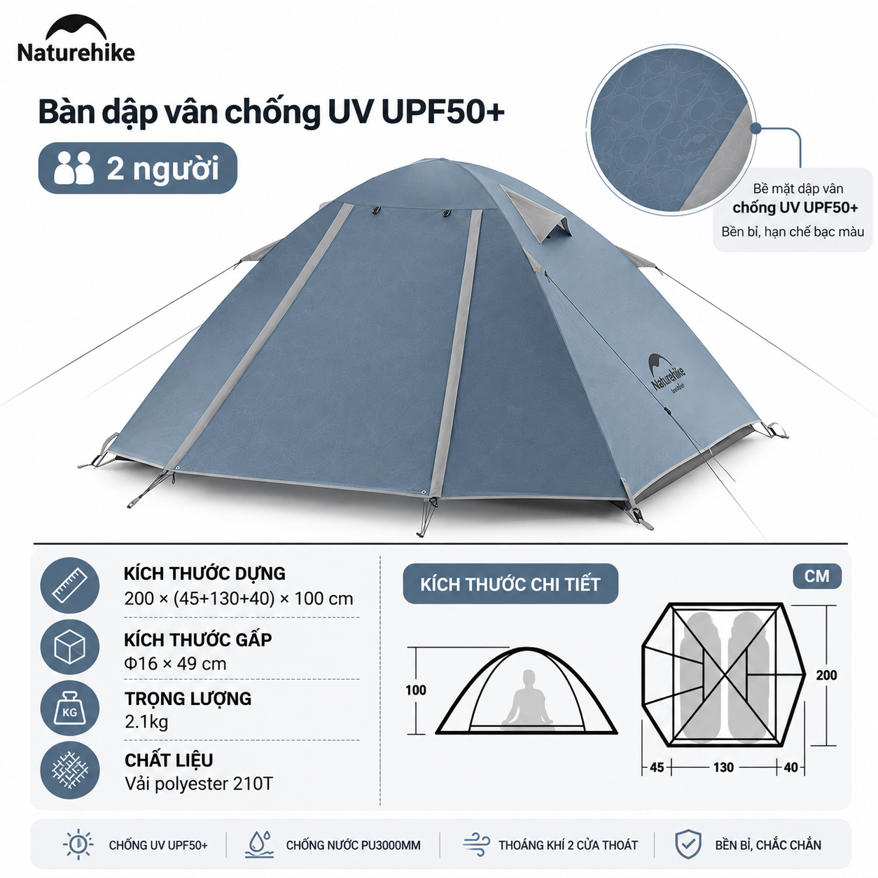 Lều Cắm Trại 2 -3 Người Naturehike NH18Z022-P – Lều 210T Chống Nước 3000mm, Siêu Nhẹ, Trekking/Camping