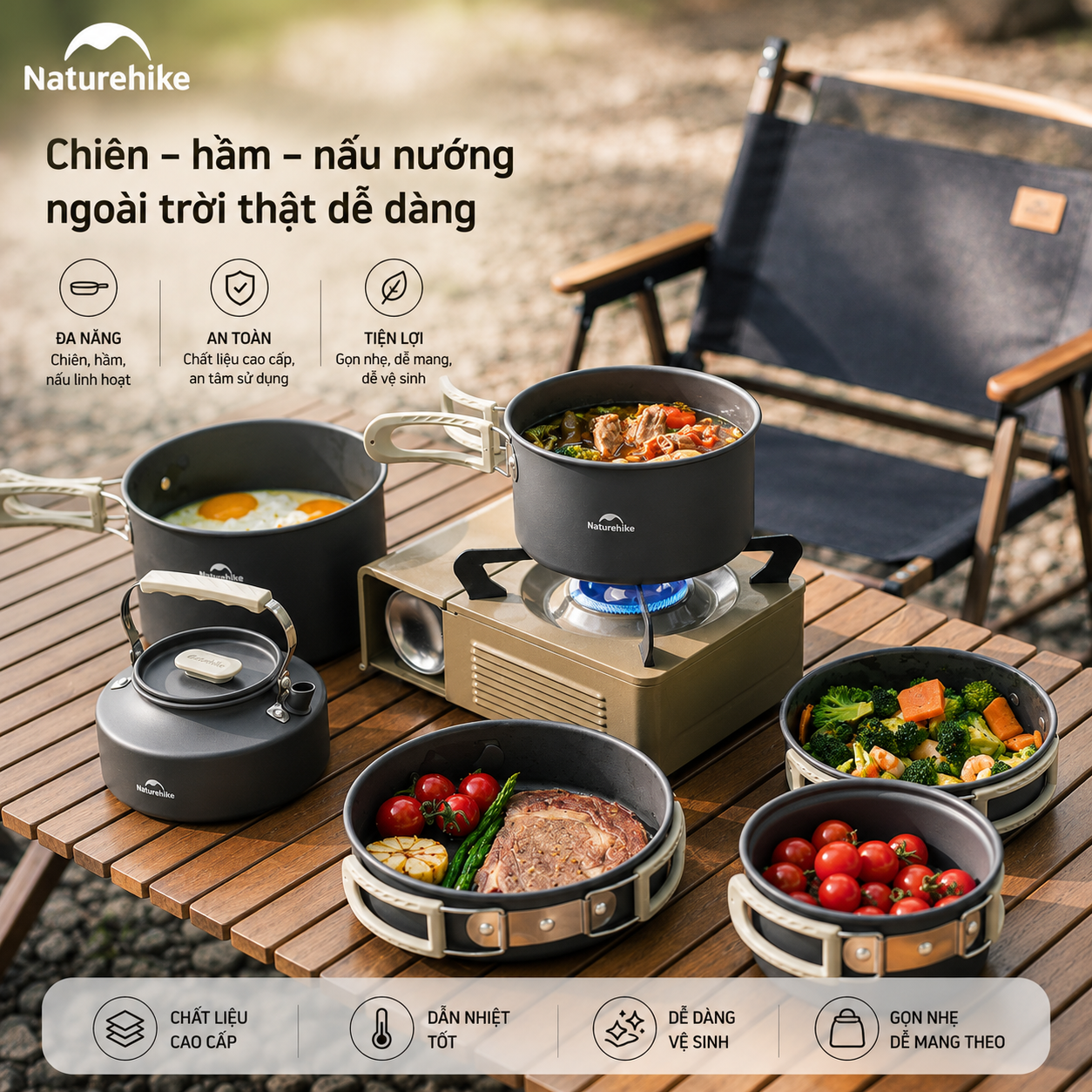 Bộ Nồi Dã Ngoại Naturehike CNK2450CF010 Nhôm 3 Lớp – Bộ Nấu Ăn Camping Gọn Nhẹ, Leo Núi, Cắm Trại