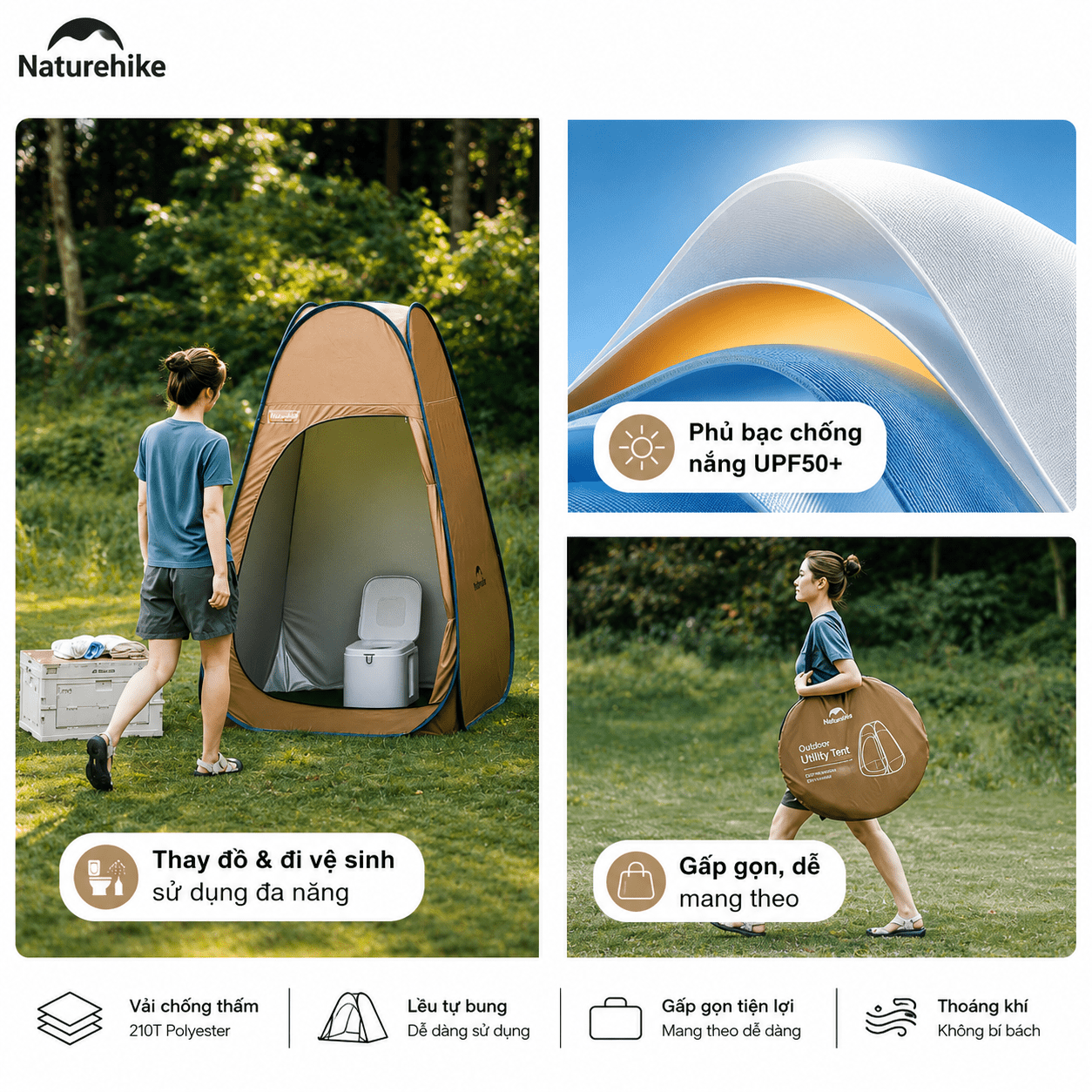 Lều Tắm Thay Đồ Naturehike NH17Z002-P – Lều Vệ Sinh Di Động, Chống Nước 2000mm, Dã Ngoại/Cắm Trại