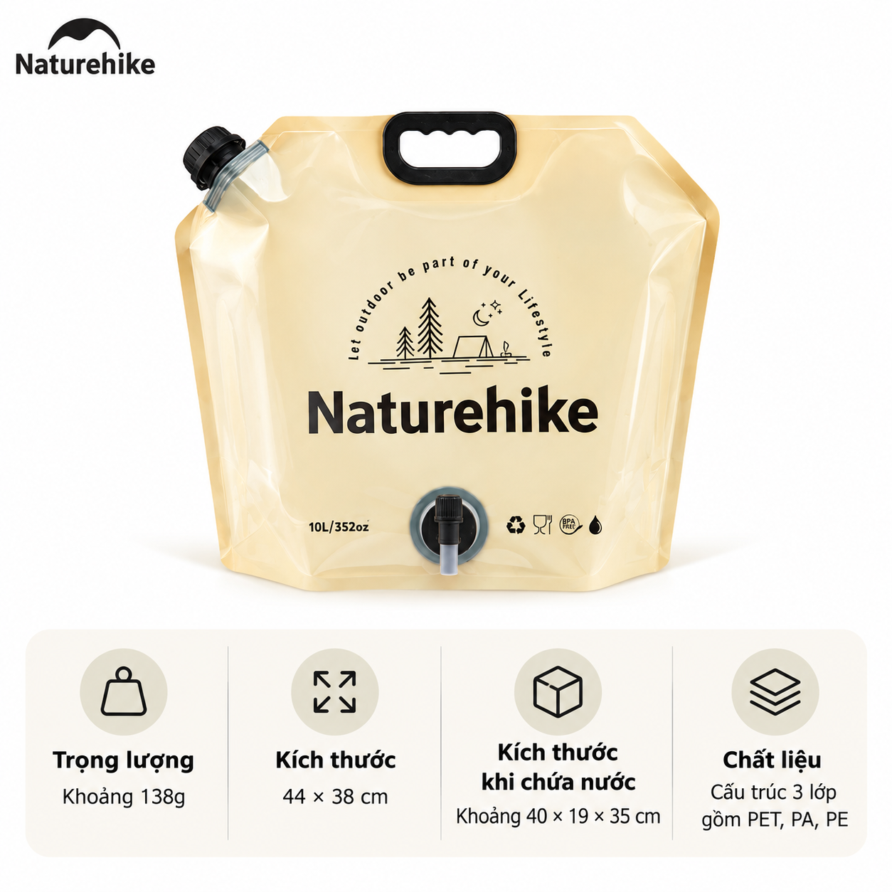 Túi Đựng Nước Gấp Gọn Naturehike 10L Có Vòi Siêu Nhẹ, Chống Rò Rỉ, Dùng Cắm Trại/Trekking - Vàng 10L