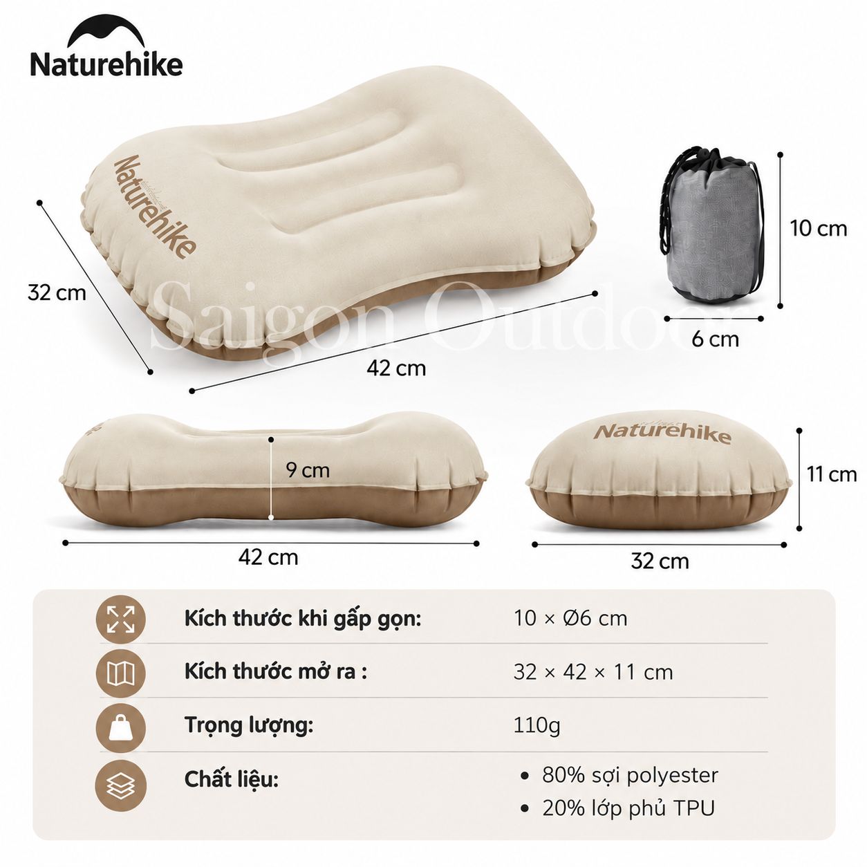 Gối Hơi Du Lịch Naturehike – Gối Thổi Hơi Siêu Nhẹ, Kê Cổ/Tựa Lưng, Gấp Gọn 85g NH17T013-Z