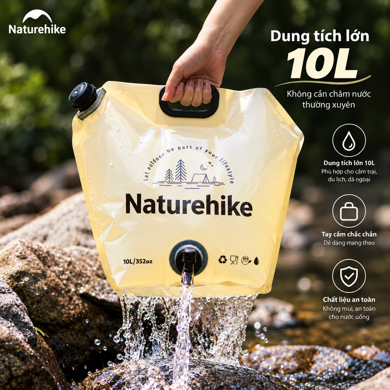 Túi Đựng Nước Gấp Gọn Naturehike 10L Có Vòi Siêu Nhẹ, Chống Rò Rỉ, Dùng Cắm Trại/Trekking