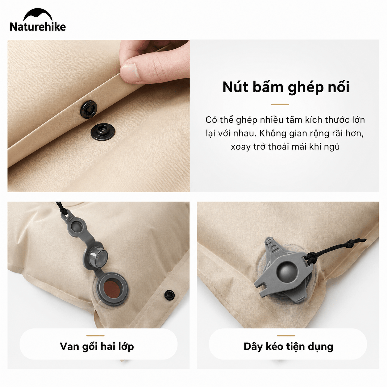 Đệm Hơi Tự Bơm Naturehike CNK2550WS025 Dày 3-6cm – Đệm Camping Gấp Gọn 1-2 Người, Nối Đệm, Van 2in1