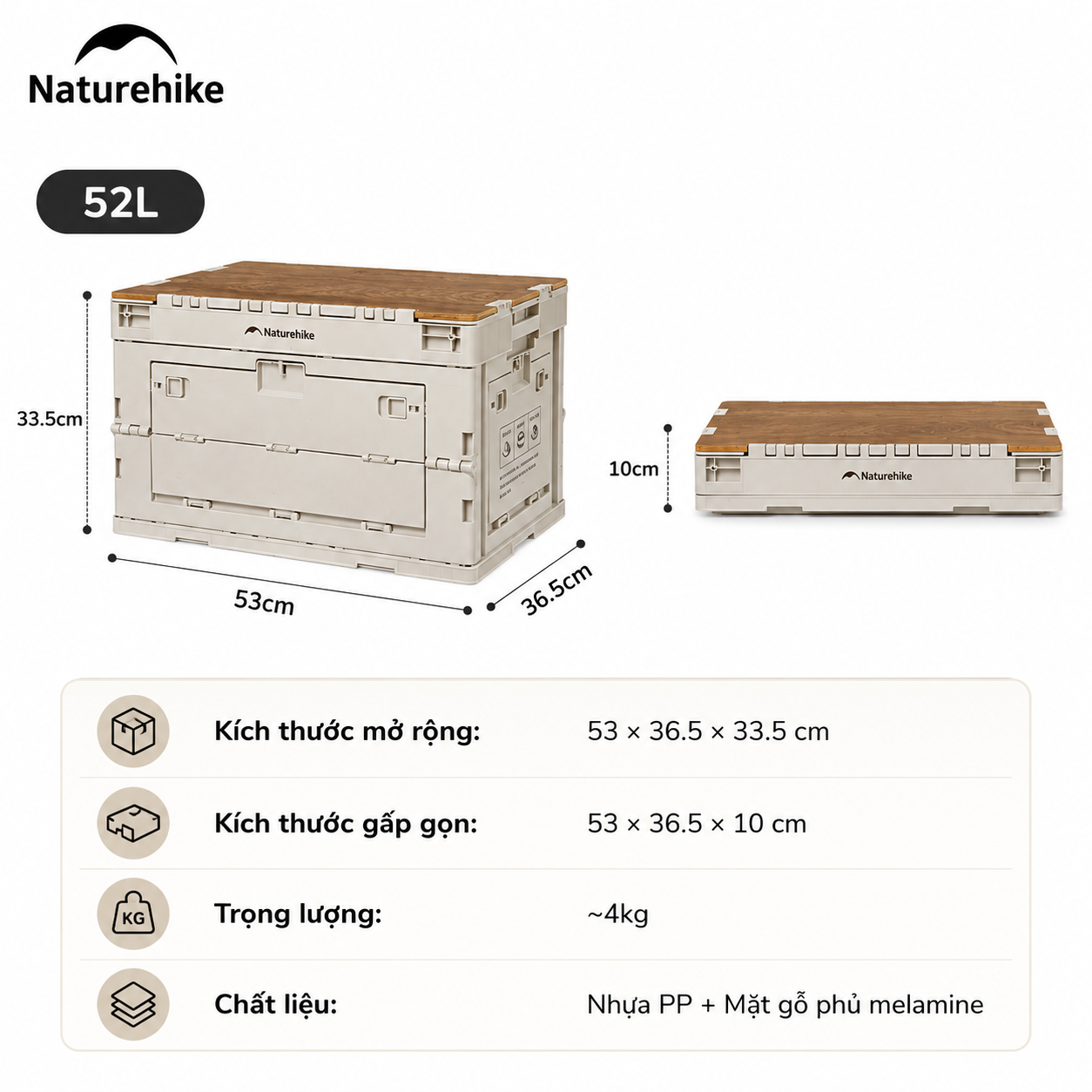 Thùng nhựa đựng đồ cắm trại xếp gọn kèm mặt giả gỗ NatureHike CNK2450XB020