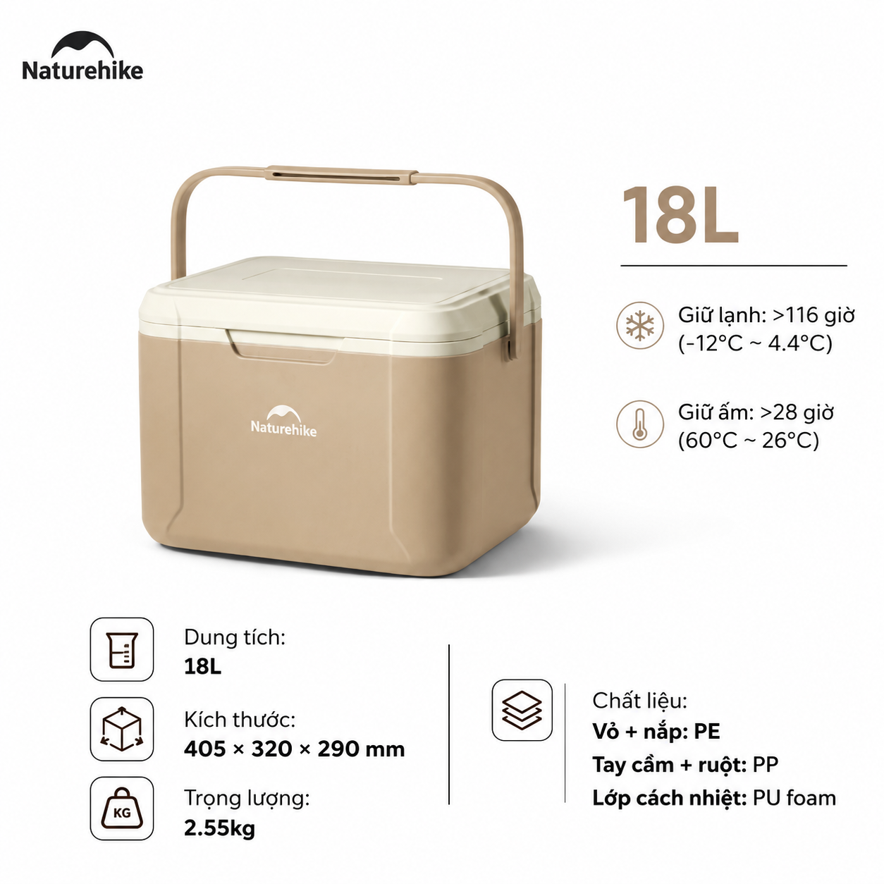 Thùng Đá Mini Naturehike Glamping Ice Cooler CNK2450CF012 18L – Giữ Lạnh 48H, Nhựa PP/PE Cao Cấp