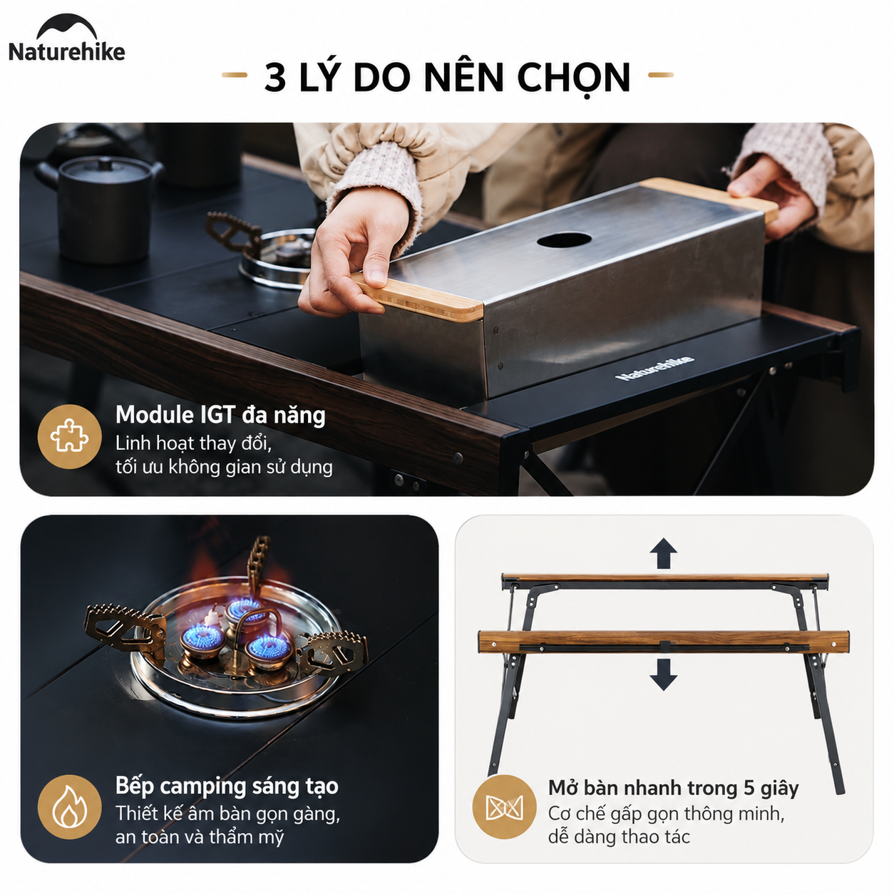 Bàn Gấp Naturehike IGT CNK2300JJ016 – Bàn Camping Đa Năng, Nhôm + Gỗ, Gấp Gọn, Dùng Bếp Dã Ngoại