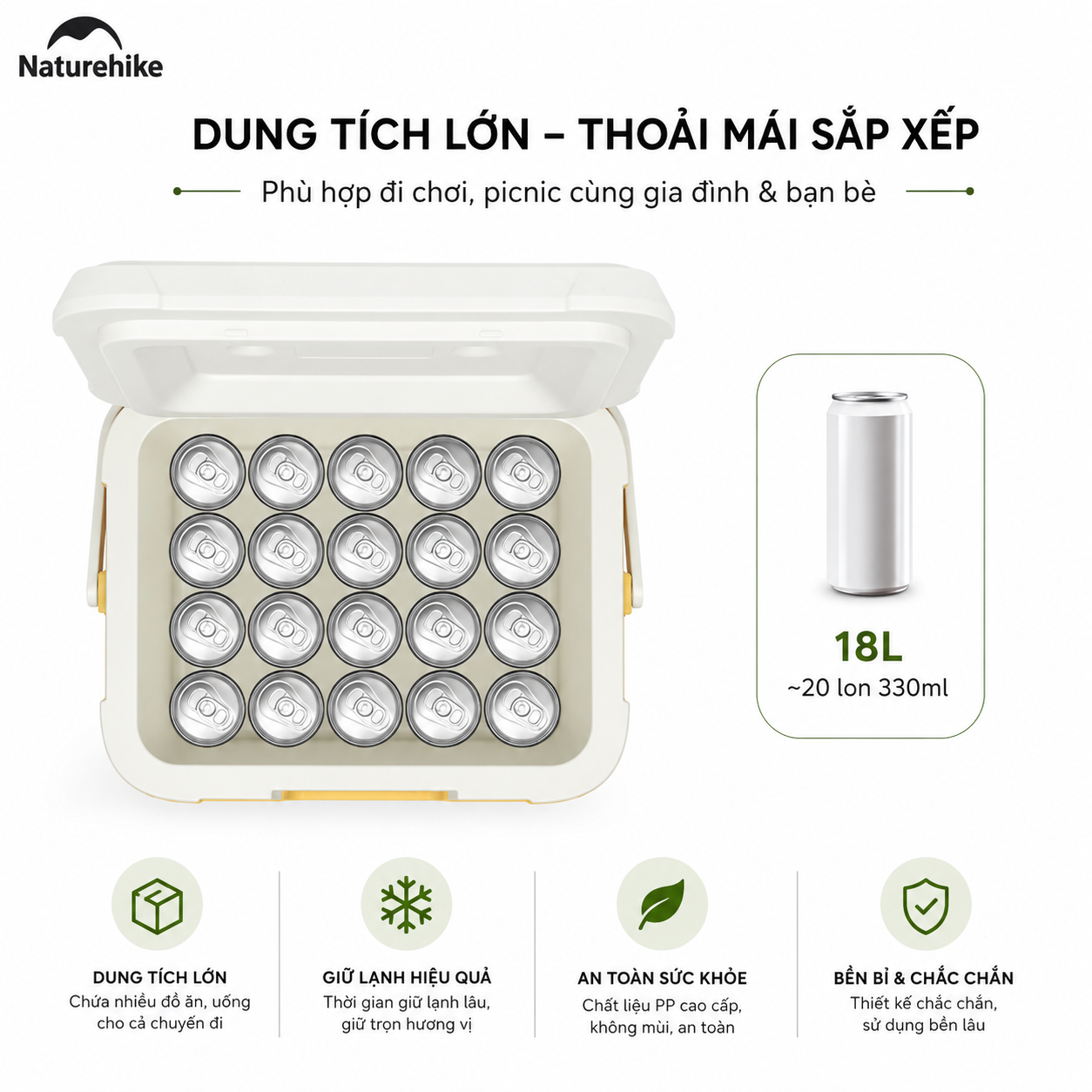 Thùng Đá Mini Naturehike Glamping Ice Cooler CNK2450CF012 18L – Giữ Lạnh 48H, Nhựa PP/PE Cao Cấp