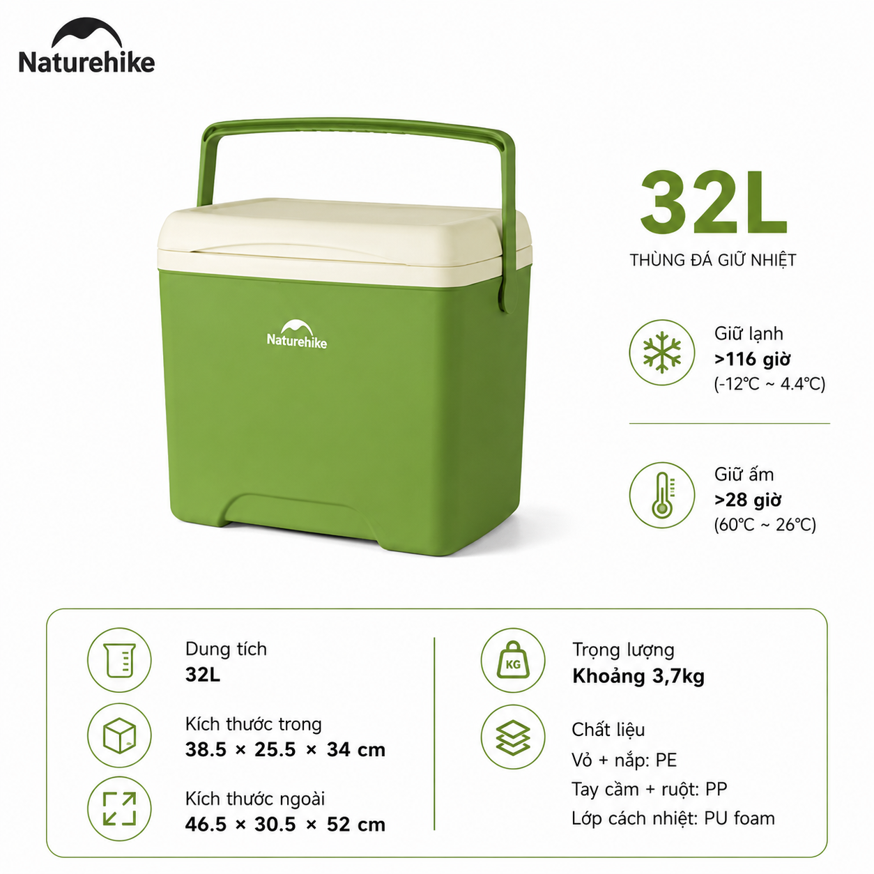 Thùng Đá Mini Naturehike Glamping Ice Cooler CNK2450CF012 18L – Giữ Lạnh 48H, Nhựa PP/PE Cao Cấp