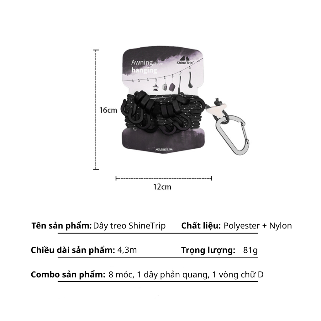 Dây Treo ShineTrip Dã Ngoại 4.3m 8 Móc & D-Ring Siêu Bền