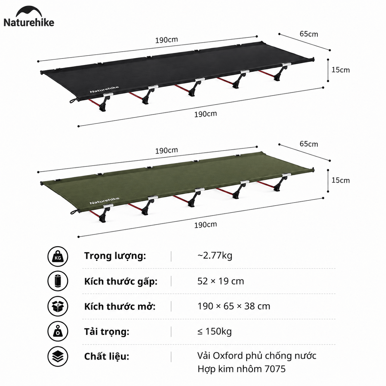 Giường Xếp Du Lịch Naturehike NH19JJ006 Gấp Gọn – Giường Camping Nhôm Siêu Nhẹ 190cm Chịu Lực Tốt