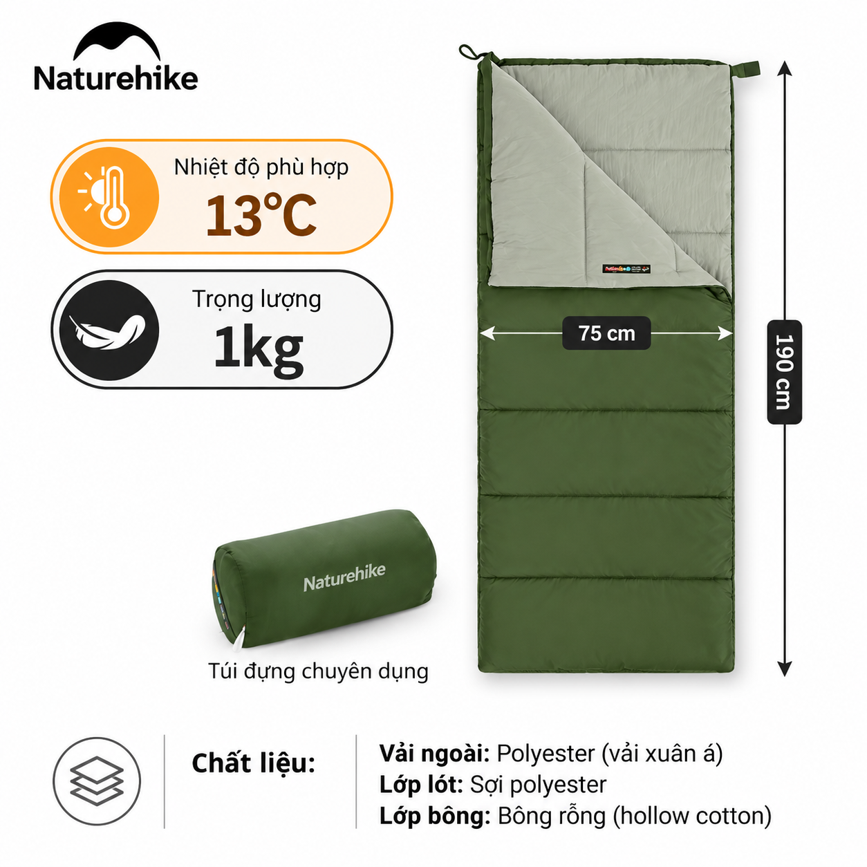 Túi Ngủ Naturehike Cotton F150 Giặt Máy Chống Nước Túi Ngủ Dã Ngoại 4 Mùa NH22MSD05