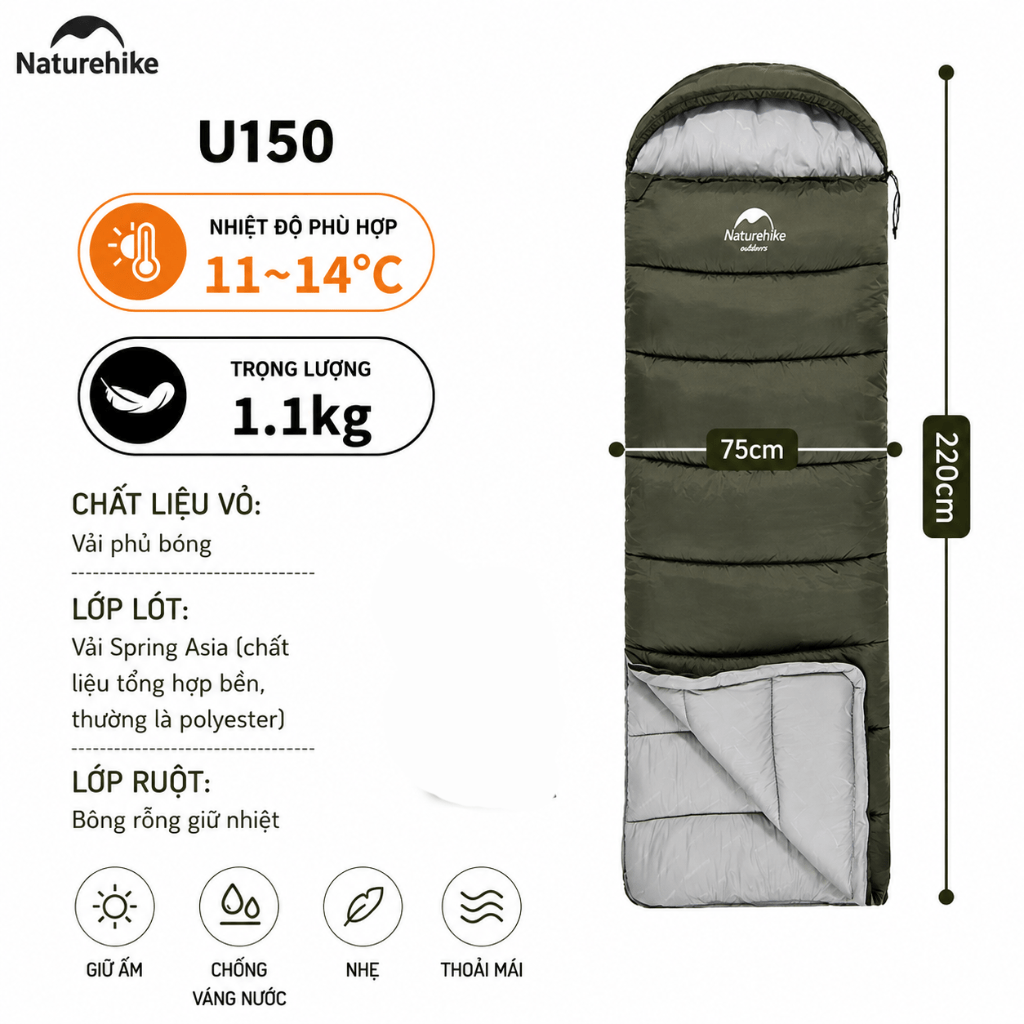 Túi Ngủ Naturehike NH20MSD07 Có Mũ Giữ Nhiệt Tốt - Túi Ngủ Dã Ngoại, Leo Núi, Chống Lạnh Cao Cấp