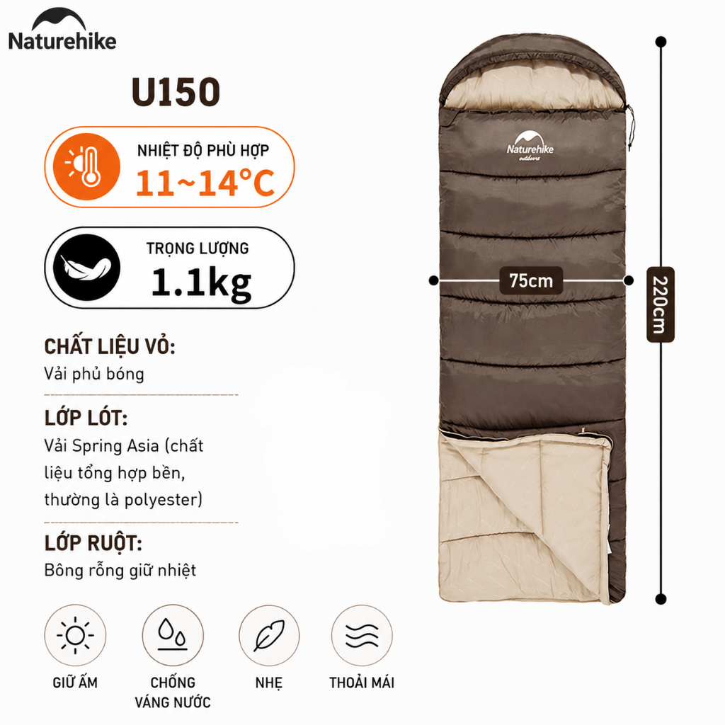 Túi Ngủ Naturehike NH20MSD07 Có Mũ Giữ Nhiệt Tốt - Túi Ngủ Dã Ngoại, Leo Núi, Chống Lạnh Cao Cấp