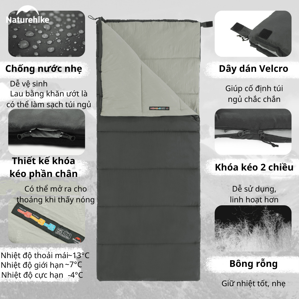 Túi Ngủ Naturehike NH22MSD05 Cotton F150 Giặt Máy Chống Nước Túi Ngủ Dã Ngoại 4 Mùa
