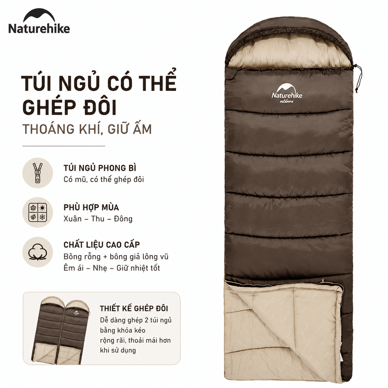 Túi Ngủ Naturehike NH20MSD07 Có Mũ Giữ Nhiệt Tốt - Túi Ngủ Dã Ngoại, Leo Núi, Chống Lạnh Cao Cấp