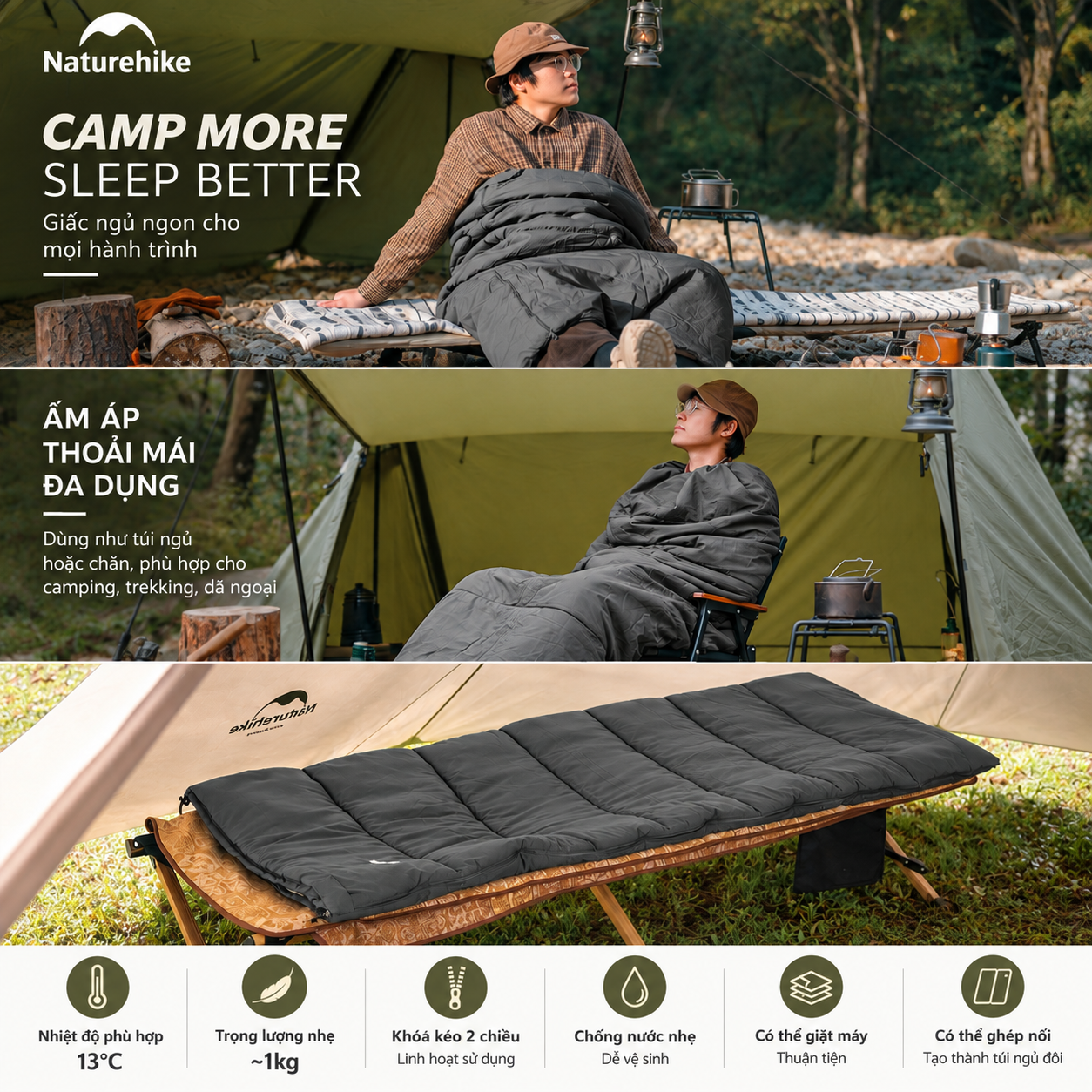 Túi Ngủ Naturehike Cotton F150 Giặt Máy Chống Nước Túi Ngủ Dã Ngoại 4 Mùa NH22MSD05