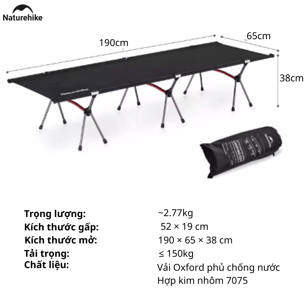 Giường Xếp Du Lịch Naturehike NH19JJ006 Gấp Gọn – Giường Camping Nhôm Siêu Nhẹ 190cm Chịu Lực Tốt