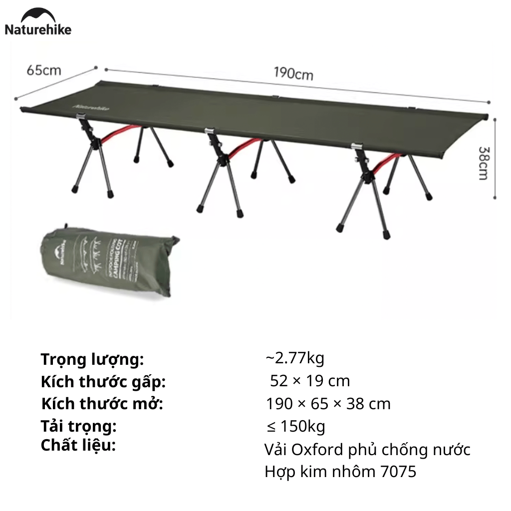 Giường Xếp Du Lịch Naturehike NH19JJ006 Gấp Gọn – Giường Camping Nhôm Siêu Nhẹ 190cm Chịu Lực Tốt