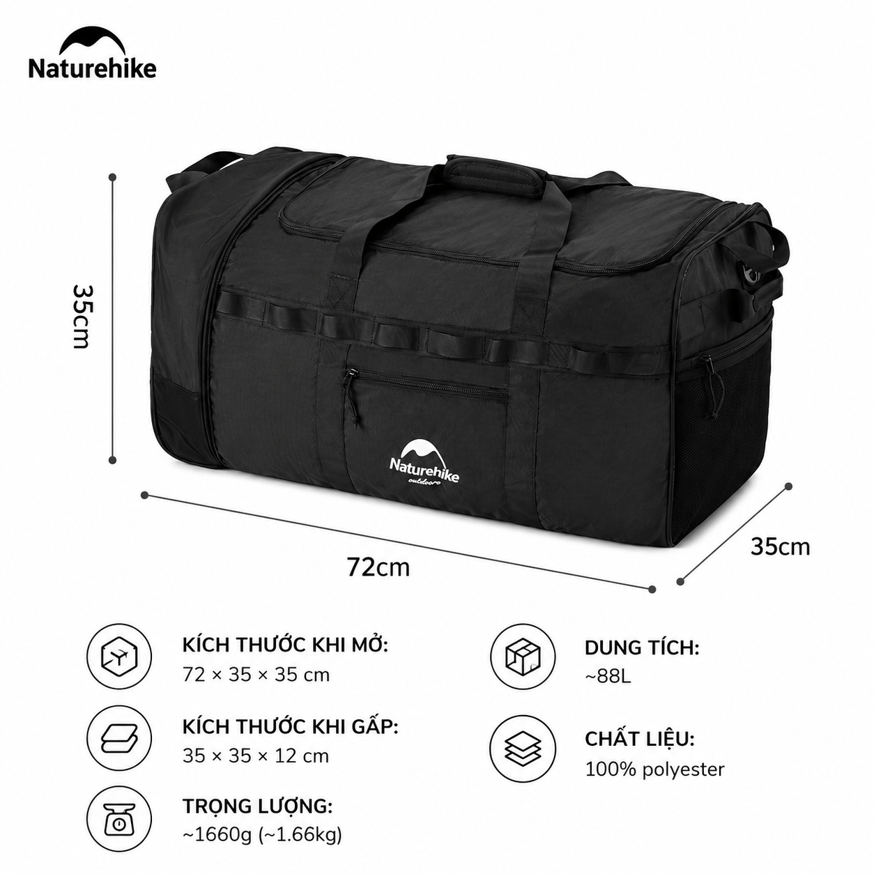 Túi Du Lịch Kéo Naturehike NH21LX003 88L Có Bánh Xe Gấp Gọn Chống Nước Túi Xách Du Lịch Cao Cấp