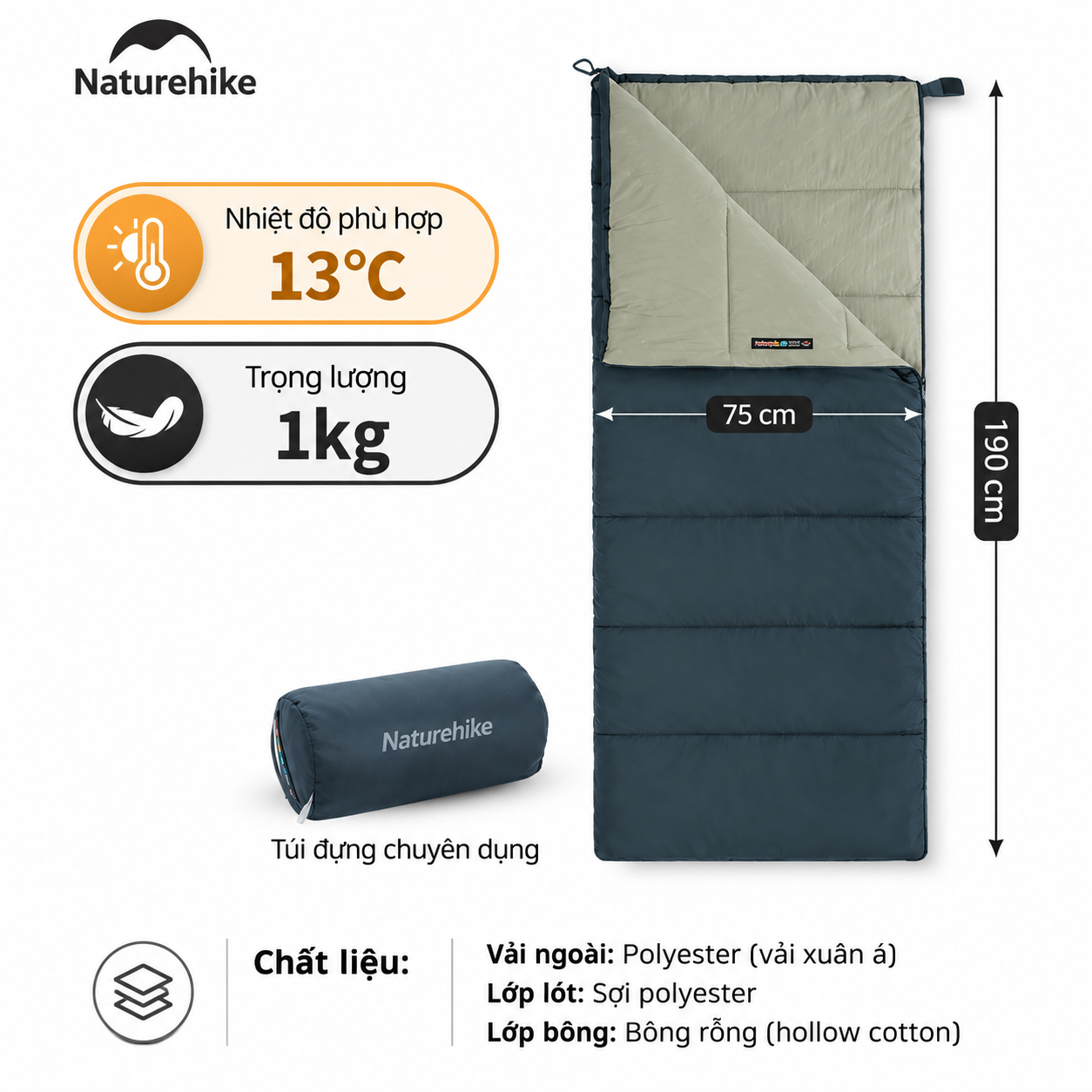 Túi Ngủ Naturehike Cotton F150 Giặt Máy Chống Nước Túi Ngủ Dã Ngoại 4 Mùa NH22MSD05