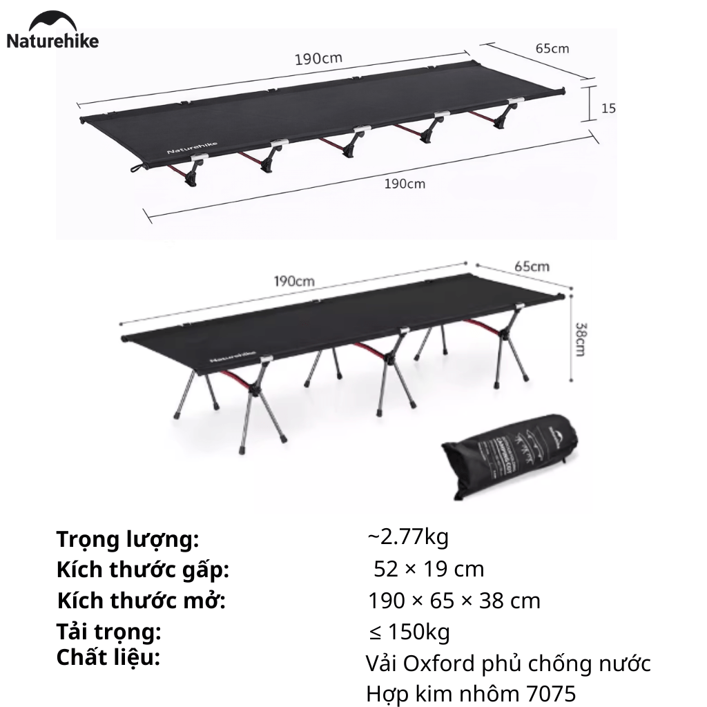 Giường Xếp Du Lịch Naturehike NH19JJ006 Gấp Gọn – Giường Camping Nhôm Siêu Nhẹ 190cm Chịu Lực Tốt
